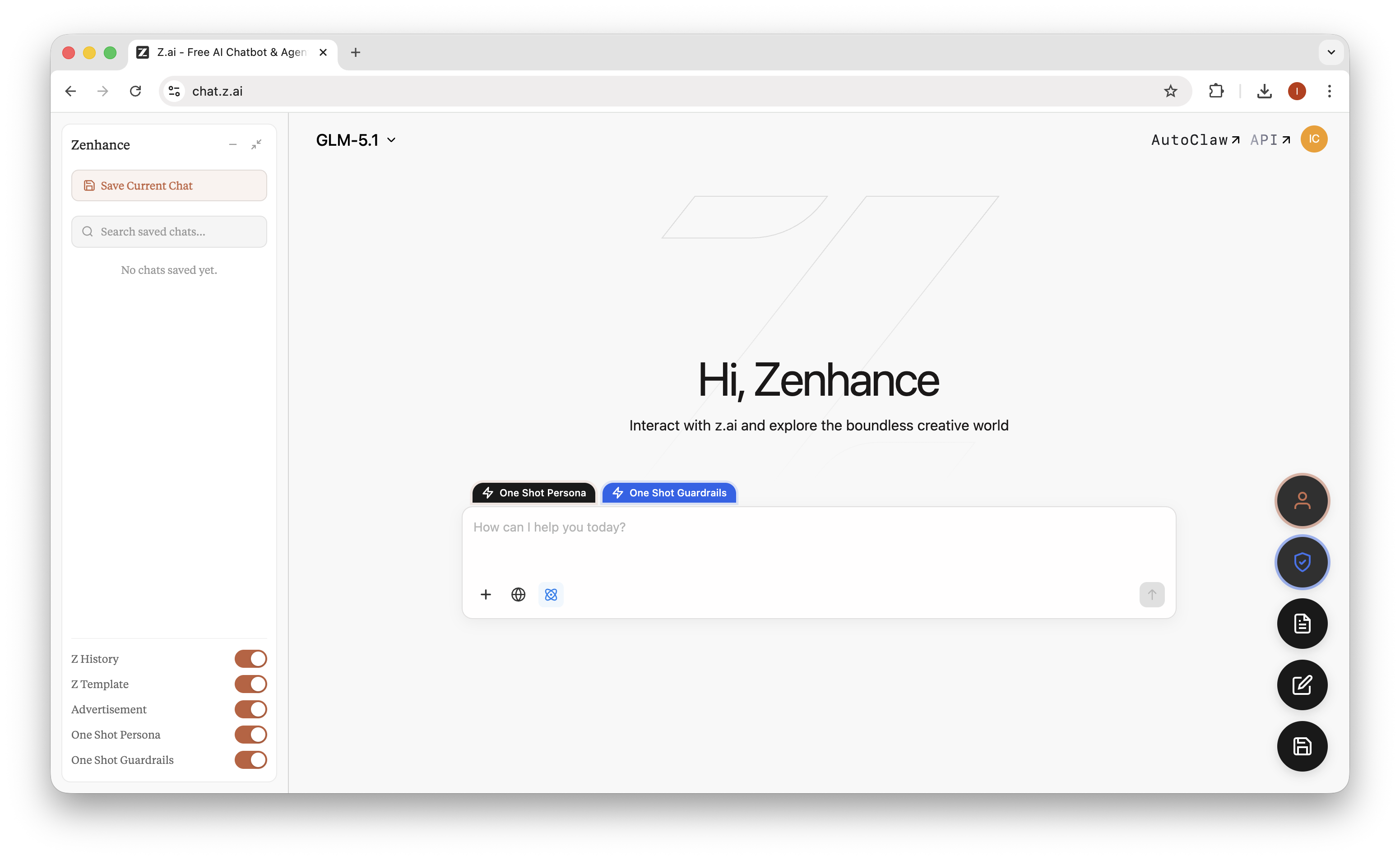 Zenhance screenshot — sidebar panel with saved chats