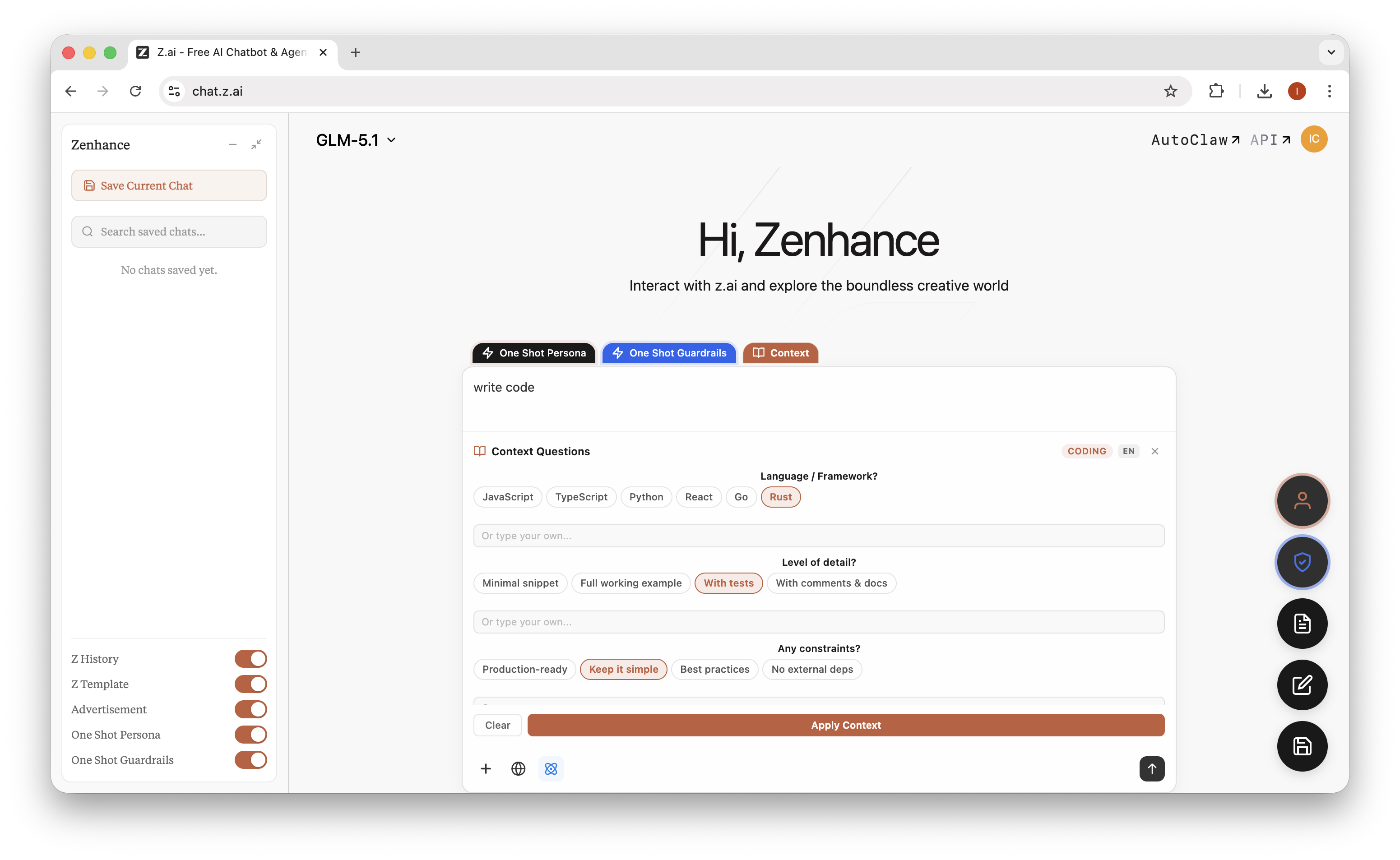 Zenhance screenshot — prompt snippets and personas