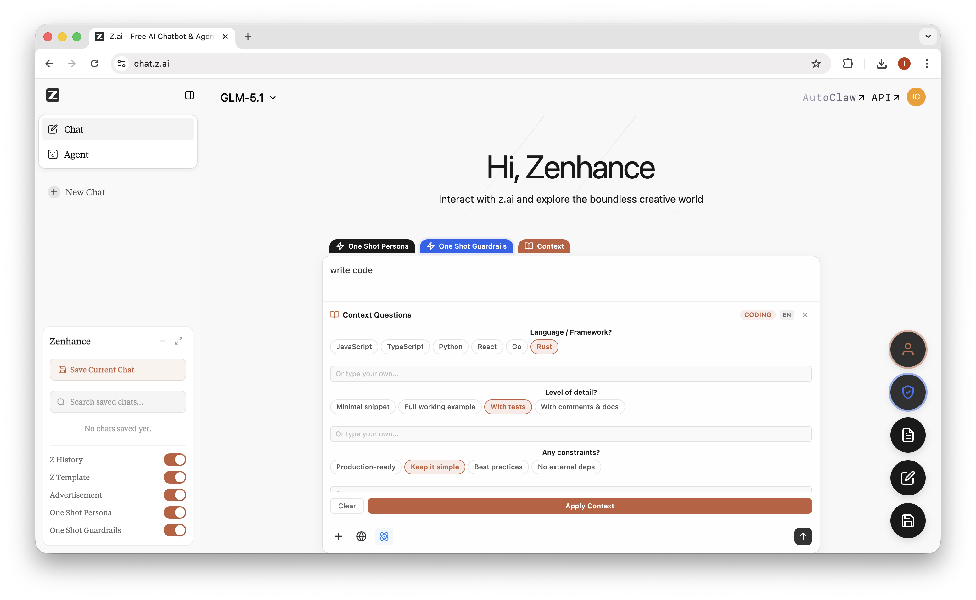 Zenhance screenshot — guardrails and chat fold